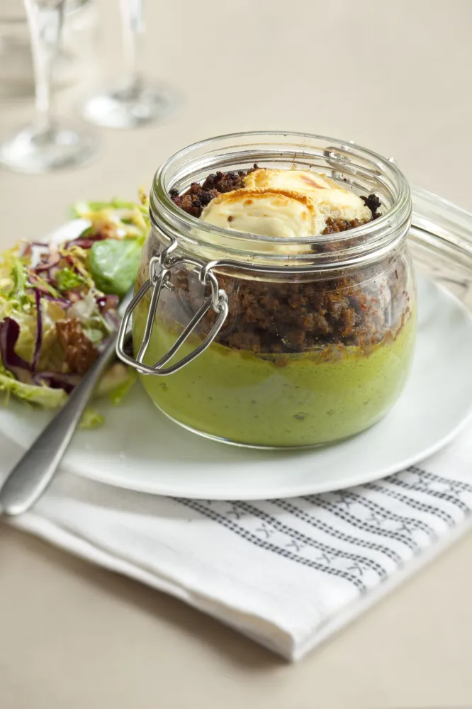 Verrine de petits pois et boeuf haché