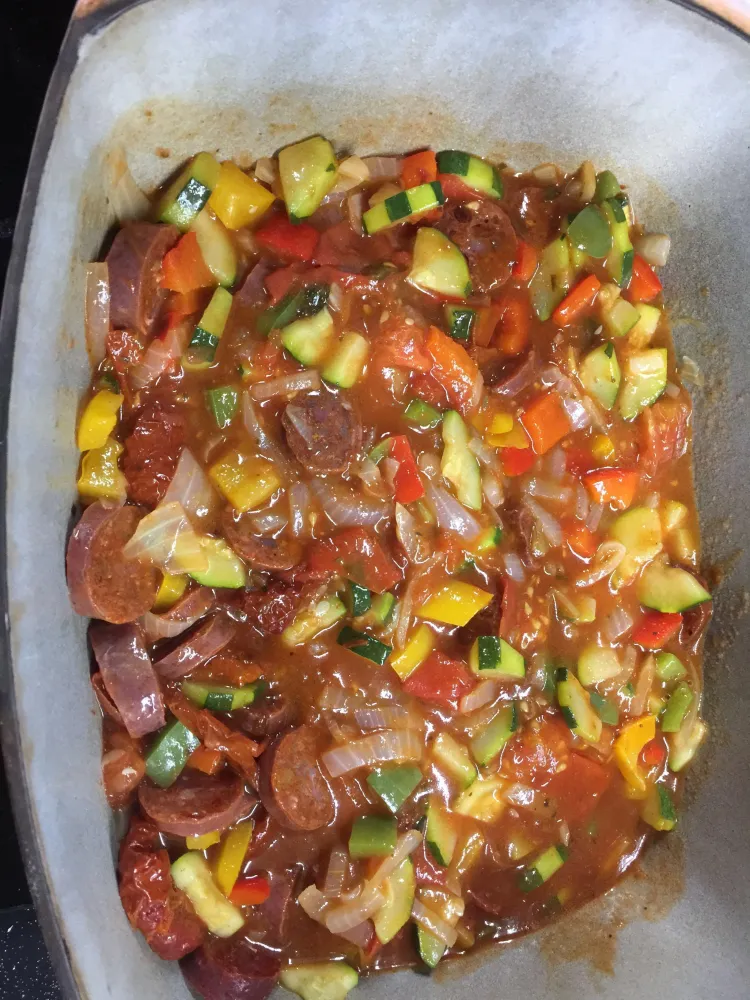 Pâtes sauce légumes et chorizo